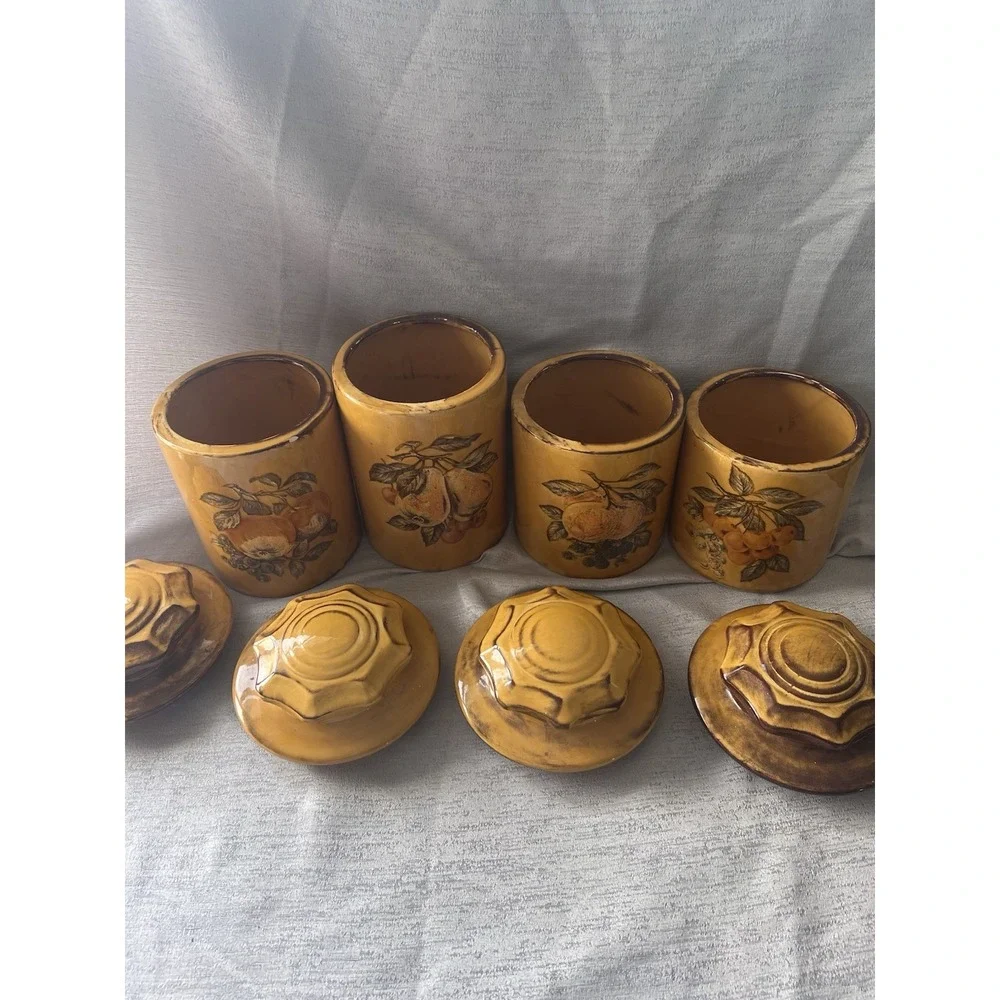 Mid-Century Canister Set W/ LIDS Harvest Gold Fruit VTG Containers Retro 1960's